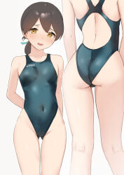  1girl adjusting_clothes adjusting_swimsuit arm_behind_back ass back blue_one-piece_swimsuit blue_ribbon blush breasts brown_eyes brown_hair collarbone commentary_request commission competition_swimsuit covered_navel feet_out_of_frame folded_ponytail gluteal_fold hair_ribbon highleg highleg_swimsuit highres kantai_collection kasuga_maru_(kancolle) long_hair looking_at_viewer multiple_views one-piece_swimsuit open_mouth ribbon sakieko simple_background skeb_commission small_breasts standing stomach swimsuit thighs white_background 
