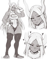  1girl abs absurdres animal_ears assertive_female bare_shoulders blush boku_no_hero_academia dark-skinned_female dark_skin flexing full_body gloves hand_on_own_hip heart highres leotard looking_at_viewer mirko monochrome multiple_views muscular muscular_female rabbit_ears simple_background sketch smile solo speedl00ver sweat thick_thighs thighhighs thighs toeless_legwear white_background white_hair 