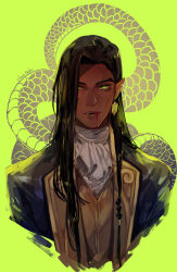  1boy blood blood_from_mouth brown_hair castlevania:_nocturne castlevania_(series) crimson-chains cropped_torso dark-skinned_male dark_skin earrings glowing glowing_eyes green_background green_eyes highres jewelry long_hair looking_at_viewer male_focus mature_male olrox single_earring slit_pupils snake solo straight-on thick_eyebrows vampire very_dark_skin 