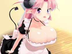  1girl areola_slip blush breasts cleavage demon_girl demon_tail female_focus horns huge_breasts long_hair maid pedocchi pink_hair pointy_ears purple_eyes shiny_skin tail tongue tongue_out  rating:Questionable score:68 user:joeyjoe