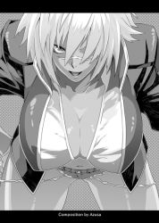  1girl bent_over blazblue breasts bullet_(blazblue) cleavage female_focus hanging_breasts large_breasts pointy_breasts sami_(object_dump) scar short_shorts shorts solo  rating:Sensitive score:68 user:Eternal7