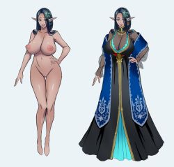 breasts character_sheet cleft_of_venus concept_art curvy dark_elf dark_skin dress elf huge_breasts large_breasts mature_female pointy_ears pussy simple_background sketch thick_thighs thighs usagi_nagomu rating:Explicit score:78 user:cheezeit