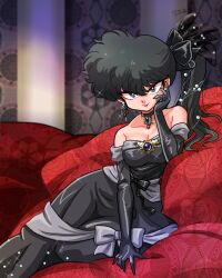  1girl bare_shoulders black_bow black_choker black_dress black_gloves black_hair bow breasts choker choker_jewel cleavage couch dangle_earrings dress earrings gloves grey_bow grey_eyes grey_ribbon grin hand_on_ground hand_on_own_cheek hand_on_own_face highres indoors jewelry kunou_kodachi lying medium_breasts on_couch on_side pearl_hair_ornament ranma_1/2 reclining red_pillow ring side_ponytail smile wanta_(futoshi)  rating:General score:11 user:danbooru