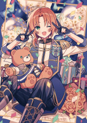  1boy absurdres amagi_hana balloon black_gloves blue_background blue_jacket blue_pants boots border bouquet commentary_request double_v ensemble_stars! epaulettes feet_out_of_frame flower gift gloves half_gloves highres jacket looking_at_viewer male_focus one_eye_closed open_mouth orange_flower orange_hair orange_rose pants partially_fingerless_gloves rose sheet_music shirt short_hair short_ponytail simple_background smile solo striped_clothes striped_pants stuffed_animal stuffed_toy teddy_bear tsukinaga_leo v white_footwear white_shirt 