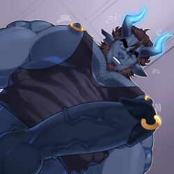  1boy animal_ears bara black_tank_top blue_skin bottomless brown_hair colored_skin cow_ears demon_boy demon_horns erection foreshortening from_below glowing_horns heart highres horns large_pectorals looking_at_viewer looking_down loose_hair_strand male_focus male_pubic_hair meme motion_lines muscular muscular_male nipple_piercing nipple_rings nipple_slip nipples notched_ear one_eye_closed original pectoral_cleavage pectoral_focus pectorals penis penis_piercing photo-referenced piercing pubic_hair quuynart short_hair sidepec skin-covered_horns smile solo sparse_chest_hair tank_top thick_eyebrows uncensored veins veiny_penis yur_oc_like_this_(meme) 