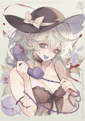  1girl absurdres bare_shoulders black_camisole black_choker black_hat blood blue_eyes blue_flower blue_nails blue_rose blue_tongue bow breasts camisole character_name choker cleavage colored_tongue commentary_request corded_phone cropped_torso flower green_hair hat hat_bow highres holding holding_phone joker_(stjoker) komeiji_koishi long_hair looking_at_viewer open_mouth phone rose smile solo thorns touhou 