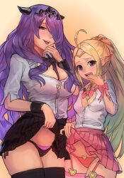  2girls age_difference ahoge alternate_costume black_bow black_bowtie black_panties black_skirt black_thighhighs blonde_hair bow bowtie bracelet breasts brooch button_gap cameltoe camilla_(fire_emblem) circlet cleavage clothes_lift collared_shirt commentary contemporary covering_own_mouth cowboy_shot fingernails fire_emblem fire_emblem_awakening fire_emblem_fates garter_straps gyaru hair_over_one_eye hand_over_own_mouth heart heart_brooch height_difference highres jewelry lifting_own_clothes lips loli long_hair medium_breasts mesugaki multiple_girls nail_polish nintendo nowi_(fire_emblem) onee-loli open_mouth panties partially_unbuttoned pink_bow pink_bowtie pink_nails pink_panties pink_skirt pink_thighhighs pleated_skirt pointy_ears ponytail purple_eyes purple_hair r123 school_uniform shirt sidelocks simple_background skirt skirt_lift small_breasts thighhighs tiara underwear very_long_hair wavy_hair white_shirt  rating:Questionable score:167 user:danbooru