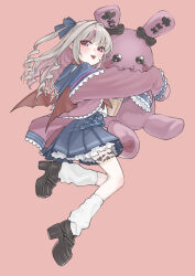  1girl :3 belt black_footwear black_ribbon blue_belt blue_skirt character_name closed_mouth colored_inner_hair commentary demon_wings floating_hair from_side full_body hair_ribbon hugging_doll hugging_object jacket koze_niire leg_warmers long_hair long_sleeves makaino_ririmu makaino_ririmu_(4th_costume) multicolored_hair nijisanji orange_background pink_jacket platform_footwear platform_heels pleated_skirt purple_hair ribbon ringlets school_uniform serafuku shirt shoes simple_background skirt sleeves_past_fingers sleeves_past_wrists solo stuffed_animal stuffed_rabbit stuffed_toy symbol-only_commentary tongue tongue_out two_side_up v-shaped_eyebrows virtual_youtuber white_shirt wings 