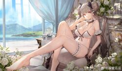  1girl absurdres azur_lane barefoot beach between_breasts bikini bird black_ribbon blunt_bangs breasts brown_hair chair cleavage closed_mouth cup curtains double_bun feet flower formidable_(azur_lane) frilled_bikini frilled_straps frills guagua0313 hair_bun hair_ribbon highres huge_hair_bun indoors knee_up large_breasts legs long_hair looking_at_viewer mountain navel red_eyes ribbon sand seagull sitting solo stomach swimsuit teacup teapot toenails toes two-tone_ribbon very_long_hair water white_bikini white_flower white_ribbon window 