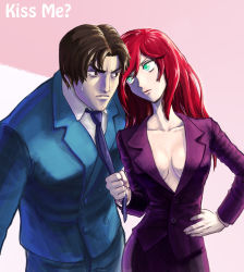  1boy 1girl bad_id bad_pixiv_id breasts brown_hair cleavage formal garen_(league_of_legends) green_eyes hand_on_own_hip highres katarina_(league_of_legends) league_of_legends long_hair necktie necktie_grab neckwear_grab no_bra office_lady red_hair sheep_(yangdor) skirt skirt_suit suit 
