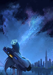  1girl absurdres aris_(blue_archive) back black_hair blue_archive bridge city commentary_request feet_out_of_frame halo highres lake long_hair magnetic_weapon nero night night_sky railgun reflection reflective_water skirt sky solo standing star_(sky) starry_sky very_long_hair weapon weapon_on_back 
