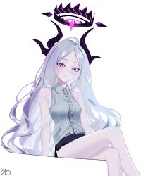  1girl absurdres ahneato artist_logo artist_name black_horns blue_archive blush breasts closed_mouth collared_shirt crossed_legs demon_horns grey_hair grey_shirt halo highres hina_(blue_archive) horns long_hair looking_at_viewer multiple_horns parted_bangs purple_eyes shirt simple_background sitting sleeveless sleeveless_shirt small_breasts solo very_long_hair white_background 