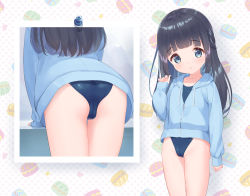  1girl arm_up ass black_hair blue_eyes blue_jacket blue_one-piece_swimsuit cameltoe cleft_of_venus competition_swimsuit flat_ass groin highleg highleg_swimsuit jacket leaning_forward loli long_hair macaron_background makigai makino_yume no_pants one-piece_swimsuit original photo_(object) solo swimsuit swimsuit_under_clothes thighs  rating:Questionable score:252 user:danbooru