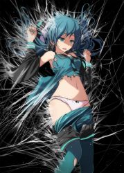 1girl absurdres animal_hood aqua_nails armpits bare_shoulders bdsm black_background black_jacket black_shorts blue_pantyhose blue_shirt bondage bound bow breasts clothes_pull feet_out_of_frame green_ponpoko_(module) grey_bow hair_bow half-closed_eyes hands_up hatsune_miku highres hood jacket kunoichi_demo_koi_ga_shitai_(vocaloid) long_hair long_sleeves low_twintails nail_polish navel necktie off_shoulder open_clothes open_fly open_jacket panties pantyhose pantyhose_pull pink_panties project_diva_(series) shirt short_shorts shorts silk small_breasts solo spider_web stomach striped_necktie striped_neckwear tearing_up tears torn_clothes torn_pantyhose torn_shirt tsukishiro_saika twintails underwear vocaloid w_arms rating:Questionable score:50 user:danbooru