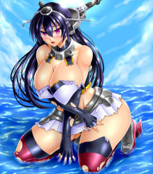  10s black_hair blush breasts cleavage collar gao_(naodayo) gloves highres kantai_collection large_breasts long_hair nagato_(kancolle) ocean open_mouth red_eyes skirt tears thighhighs torn_clothes water  rating:Questionable score:14 user:a-ha