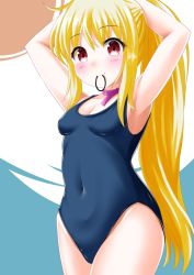  1girl armpits arms_up bare_arms bare_shoulders blonde_hair blue_one-piece_swimsuit bocchi_the_rock! breasts cleavage closed_mouth collarbone commentary_request covered_navel cowboy_shot groin hair_tie_in_mouth highres ijichi_nijika kaze_makase long_hair looking_at_viewer mouth_hold one-piece_swimsuit ponytail school_swimsuit small_breasts smile solo standing swimsuit tying_hair very_long_hair 