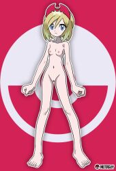  1girl absurdres armpits arms_at_sides artist_name barefoot blonde_hair blue_eyes breasts cleft_of_venus clenched_hands collarbone completely_nude creatures_(company) eyelashes feet female_focus fingernails full_body game_freak groin hair_between_eyes hair_ornament heel_up highres irida_(pokemon) legs long_toes looking_at_viewer looking_to_the_side medium_hair neck nilterguy nintendo nipples nude nude_filter official_art_nude_filter petite poke_ball poke_ball_(basic) pokemon pokemon_legends:_arceus pussy red_background serious sidelocks small_breasts standing swept_bangs thighs third-party_edit toenails toes unworn_clothes 