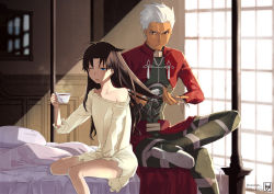  1boy 1girl archer_(fate) barefoot bed blue_eyes boots brown_eyes brown_hair brushing coat cup dark_skin dark-skinned_male drooling fate/stay_night fate_(series) hair_brush brushing_hair hair_down crossed_legs long_hair messy_hair morning nightgown open_mouth red_eyes ryusui saliva short_hair sleepy sweat teacup tohsaka_rin usui_ryuu waking_up white_hair  rating:Sensitive score:15 user:armorcrystal
