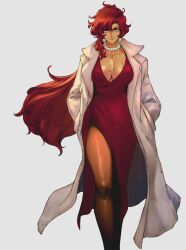  1990s_(style) 1girl alternate_costume bare_legs breasts cleavage coat cocktail_dress colorized commentary dark-skinned_female dark_skin david_liu dress earrings english_commentary feet_out_of_frame grey_background hands_in_pockets highres jewelry large_breasts long_coat long_dress long_hair looking_at_viewer maria_(space_maria) multiple_scars necklace no_bra open_clothes open_coat pearl_necklace plunging_neckline red_dress red_eyes red_hair retro_artstyle scar scar_on_breasts side_slit solo space_maria sphere_earrings thighs trench_coat very_long_hair walking 