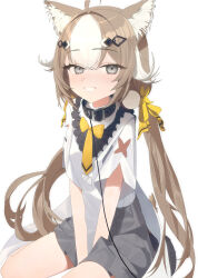  1girl ahoge animal_collar animal_ears black_collar blush bow bowtie brown_hair collar commentary commission girls&#039;_frontline girls&#039;_frontline_neural_cloud grey_eyes grey_skirt hair_ornament hair_ribbon hannah_(neural_cloud) highres long_hair looking_at_viewer multicolored_hair necktie parted_lips ribbon simple_background sitting skirt smile streaked_hair twintails white_background white_hair wonjang yellow_bow yellow_bowtie yellow_necktie yellow_ribbon 