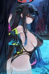  1girl absurdres ass black_hair black_one-piece_swimsuit blue_archive blush breasts cowboy_shot eyewear_on_head fingernails halo highres kabedoru large_breasts long_hair looking_at_viewer nail_polish night one-piece_swimsuit open_mouth outdoors pink_nails red_eyes ringed_eyes rio_(blue_archive) solo sunglasses swimsuit wading water 