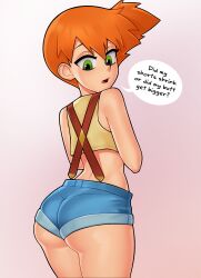  1girl ass commentary cowboy_shot creatures_(company) denim denim_shorts english_commentary english_text from_side game_freak green_eyes highres loodncrood looking_at_ass looking_down misty_(pokemon) nintendo open_mouth orange_hair pokemon pokemon_(anime) pokemon_(classic_anime) short_hair shorts side_ponytail solo speech_bubble spiked_hair suspenders  rating:Sensitive score:312 user:danbooru