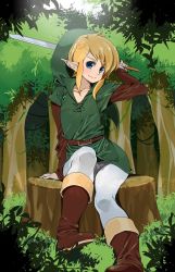 1boy agemono androgynous bad_id bad_pixiv_id belt blonde_hair blue_eyes boots forest hat link male_focus nature nintendo pantyhose pointy_ears sitting solo sword the_legend_of_zelda tunic weapon white_pantyhose rating:Sensitive score:56 user:danbooru