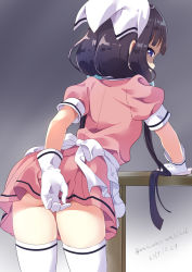 1girl annoyed apron ass black_hair blend_s cleaning commentary_request covering_privates covering_ass dress from_behind glaring gloves hat leaning_forward long_hair looking_back neki_(wakiko) pink_dress purple_eyes sakuranomiya_maika shaded_face short_dress solo table thighhighs twintails waitress white_thighhighs zettai_ryouiki rating:Questionable score:60 user:danbooru