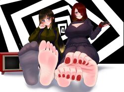 2girls barefoot blush breasts cellphone cleavage feet h2orini hair_over_one_eye highres large_breasts long_hair looking_at_viewer medium_hair multicolored_eyes multiple_girls parted_lips phone single_sock smartphone smile socks soles television toes