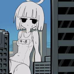  1girl against_building alternate_costume be_be_be_be_(cevio) blue_sky blunt_bangs blunt_ends blush breasts building cevio city closed_mouth collarbone covered_navel dedeen empty_eyes expressionless frown giant giantess greyscale_with_colored_background half-closed_eyes halo looking_at_viewer medium_breasts outdoors school_swimsuit short_hair sitting sky skyscraper solo spread_legs sweat swimsuit 