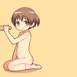 1boy 1girl aaaa_(quad-a) bad_id bad_pixiv_id blush body_blush brown_eyes brown_hair flat_chest handjob hetero highres legs loli looking_at_viewer navel nipples nude open_mouth original penis short_hair side_ponytail simple_background sitting socks solo_focus uncensored wariza yellow_background rating:Explicit score:213 user:danbooru
