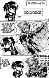  1boy 1girl comic commentary corrupted_twitter_file cyborg earrings emo-girl_(grs-) emo_fashion english_commentary english_text greyscale grs- highres holding holding_sword holding_weapon jewelry metal_gear_(series) metal_gear_rising:_revengeance monochrome no_mouth open_mouth original print_shirt raiden_(metal_gear) science_fiction screaming shirt short_hair short_sleeves sword t-shirt weapon 