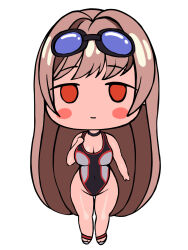  1girl arata_x3ku bare_arms bare_legs bare_shoulders black_choker black_one-piece_swimsuit blush_stickers breasts chibi choker cleavage closed_mouth competition_swimsuit covered_navel curvy expressionless full_body goddess_of_victory:_nikke goggles goggles_on_head highleg highleg_swimsuit highres jitome large_breasts light_brown_hair long_hair multicolored_clothes multicolored_swimsuit narrow_waist official_alternate_costume one-piece_swimsuit orange_eyes rapi_(classic_vacation)_(nikke) rapi_(nikke) shiny_skin simple_background smile solo swimsuit thigh_gap very_long_hair white_background white_one-piece_swimsuit wide_hips 