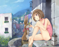 1girl bare_arms bare_legs barefoot blunt_bangs bob_cut brown_hair building choker clothesline commentary_request cup dekochin_hammer female_focus flower frilled_swimsuit frills highres hill knee_up lantern neckerchief one-piece_swimsuit open_mouth original petals pink_choker pink_one-piece_swimsuit rabbit short_hair sitting sky solo swimsuit thighs 