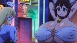  1other 2girls animal_ears animated animated_gif arms_behind_head bell bikini bouncing_breasts breasts brown_hair cleavage collar covered_erect_nipples cow_ears cow_girl crimvael dark-skinned_female dark_skin gigantic_breasts green_eyes guinea horns ishuzoku_reviewers kanchal looking_at_breasts multiple_girls neck_bell nipples o-ring o-ring_bikini shiny_skin short_hair smile swimsuit  rating:Questionable score:97 user:lkuroi