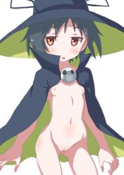  1girl absurdres black_hair blush breasts brown_eyes cape cleft_of_venus female_focus hat highres loli looking_at_viewer maji_moji_rurumo navel nipples open_mouth pussy rurumo short_hair small_breasts solo standing transparent_background uncensored witch_hat yuh_koume 