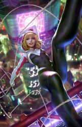  1girl black_bodysuit blonde_hair blue_eyes blurry blurry_background bodysuit breasts city covered_navel dcwj depth_of_field gwen_stacy highres hood hooded_bodysuit looking_at_viewer marvel medium_hair multicolored_bodysuit multicolored_clothes night outdoors pink_bodysuit signature small_breasts solo spider-gwen spider-man_(series) white_bodysuit 