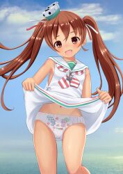  1girl absurdres blue_sky brown_hair clothes_lift commentary_request commission dress dress_lift fang highres kantai_collection libeccio_(kancolle) lifted_by_self navel outdoors panties pantyshot print_panties sailor_collar skeb_commission sky solo striped_clothes tan tanakaminos twintails underwear white_panties 