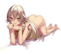 1girl absurdres bare_back bare_shoulders barefoot blue_eyes dress eredhen facial_scar fate/apocrypha fate/grand_order fate_(series) green_eyes highres jack_the_ripper_(fate/apocrypha) looking_at_viewer no_bra no_panties scar scar_across_eye scar_on_cheek scar_on_face short_hair shoulder_tattoo silver_hair tattoo  rating:Questionable score:73 user:danbooru