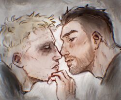  2boys aary_soap adam&#039;s_apple bara beard_stubble call_of_duty call_of_duty:_modern_warfare_2 couple cropped_shoulders face-to-face facial_hair from_side ghost_(modern_warfare_2) half-closed_eyes highres imminent_kiss male_focus mature_male multiple_boys no_mask profile short_hair soap_(modern_warfare_2) sparse_stubble stubble unfinished yaoi 