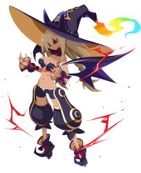  1girl black_footwear black_sclera black_wings braid breasts colored_sclera dark_persona detached_collar disgaea disgaea_rpg earrings full_body gem hat highres jewelry large_breasts light_brown_hair long_hair magic majo_to_hyakkihei metallica_(majo_to_hyakkihei) navel non-web_source official_art photoshop_(medium) pointy_ears pointy_footwear red_eyes ring rozalin solo standing transparent_background twin_braids wide_brim wings witch witch_hat zenon zenon_(disgaea) 