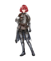1girl absurdres armor armored_boots boots chainmail contrapposto full_body graphite_(medium) hand_on_own_hip unworn_headwear helmet unworn_helmet highres knight leather_armor mace medieval onceskylark original plate_armor red_eyes red_hair scabbard sheath shield short_hair smile solo standing sword traditional_media weapon white_background rating:Sensitive score:23 user:danbooru