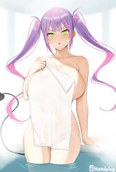  1girl absurdres bare_shoulders blush breasts cleavage collarbone demon_tail green_eyes handplug highres hololive large_breasts long_hair looking_at_viewer naked_towel open_mouth purple_hair solo tail thighs tokoyami_towa towel twintails virtual_youtuber 
