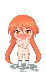  1girl angry bandages blush boots breasts canticle chibi cottonmouth covering_privates fang kanji long_hair navel nipples nude nude_cover orange_hair pussy rexlent scowl simple_background small_breasts tattoo uncensored yellow_eyes  rating:Explicit score:15 user:MidnightSenata
