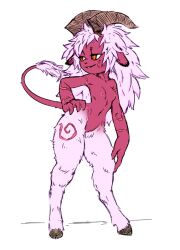  1girl breasts colored_skin demon demon_girl demon_horns demon_tail female_focus full_body hooves horns league_of_legends loli long_tail lulu_(league_of_legends) napalm_express nipples red_skin riot_games rubrub satyr small_breasts solo standing tail third-party_edit white_hair 