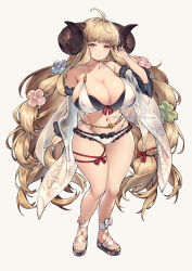  1girl anila_(granblue_fantasy) anila_(summer)_(granblue_fantasy) artist_request belly_chain bikini breasts covered_erect_nipples curled_horns draph ge-b granblue_fantasy hair_ornament hair_ribbon highres hikimayu horns jewelry large_breasts layered_bikini leg_ribbon looking_at_viewer navel official_alternate_costume ribbon ribbon-trimmed_bikini sandals sheep_horns short_eyebrows simple_background smile solo swimsuit thick_eyebrows thigh_ribbon white_background white_bikini 
