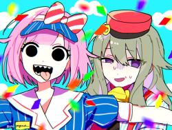 2girls :d blue_hat blue_shirt blue_sky bow cloud confetti dot_nose gloves green_hair hair_bow half-closed_eye hat head_tilt kusanagi_nene long_hair looking_at_viewer mesmerizer_(vocaloid) mopemope_(god_pegasus) multiple_girls ootori_emu open_mouth outdoors outstretched_arms pink_hair pinstripe_pattern pinstripe_shirt project_sekai puffy_short_sleeves puffy_sleeves purple_eyes red_bow red_hat red_suspenders sharp_teeth shirt short_hair short_sleeves sidelocks sky smile solid_circle_eyes striped_bow sweatdrop teeth tongue tongue_out upper_body visor_cap yellow_gloves 