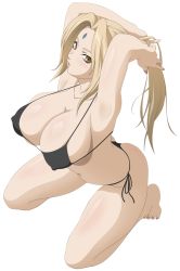  1girl bikini blonde_hair blush breasts brown_eyes cleavage covered_erect_nipples female_focus kneeling large_breasts long_hair looking_at_viewer naruto naruto_(series) navel open_mouth parted_lips ponytail solo swimsuit tsunade_(naruto)  rating:Sensitive score:97 user:bryanlg