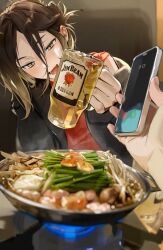 1boy alcohol blonde_hair blurry blush brown_hair cooking_pot cup depth_of_field folded_ponytail food gradient_hair haikyuu!! hair_between_eyes highres holding holding_cup holding_phone hotpot jim_beam_(whiskey) keki_chogyegi kozume_kenma male_focus multicolored_hair off_shoulder open_mouth phone portable_stove slit_pupils tsurime vegetable