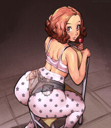  1girl ass bare_shoulders blush bra brown_eyes brown_hair chair from_above from_behind highres huge_ass keigi looking_at_viewer looking_back okumura_haru pantyhose pantyhose_under_shorts persona persona_5 short_hair short_shorts shorts sitting smile solo thick_thighs thighs underwear  rating:Sensitive score:88 user:armorcrystal